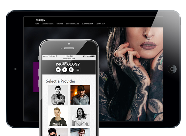 photo of iphone with example of tattoo studio custom website and ipad with example of tattoo studio custom website